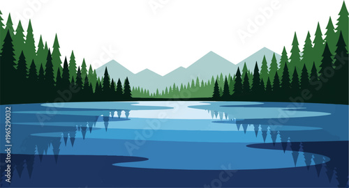 Serene forest vista with calm blue lake reflecting trees and distant peaks