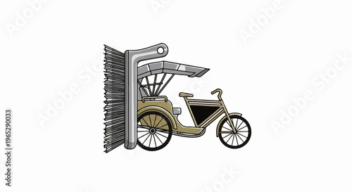 An antique tricycle rickshaw is positioned next to a large brush