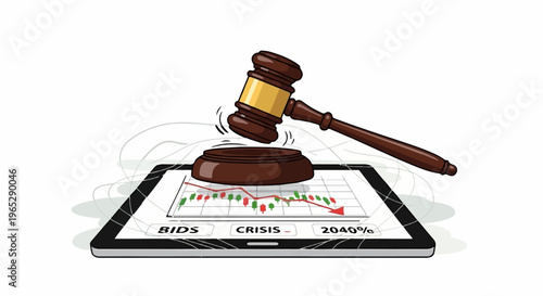Auction gavel striking tablet displaying crashing stock market graph