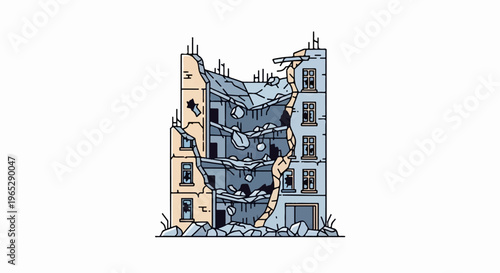 An illustration of a severely damaged apartment building with debris