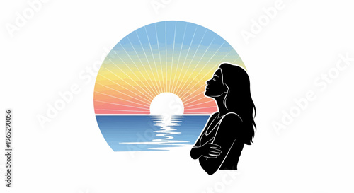 Silhouette of a woman gazing at a vibrant sunrise over the ocean