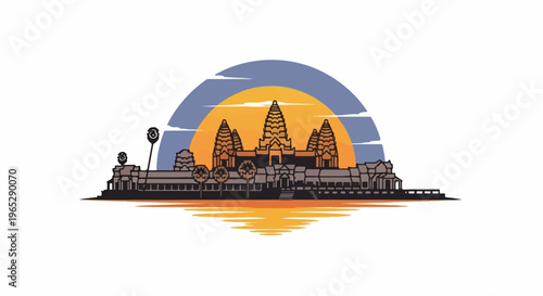 Ancient temple complex reflected in water at sunset with arched sky