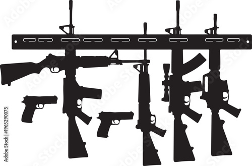 Firearm silhouettes, gun icons, rifle and pistol graphics, black firearms illustrations, weapons vector set