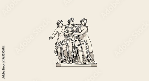Ancient stone sculpture of three draped female figures, two seated