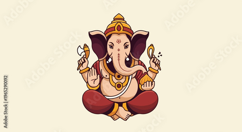 Sitting elephant-headed deity with four arms, adorned in ornate attire