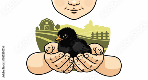 Caring hands cradle a small black chick with a farm scene in the background