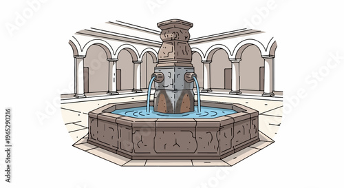 Stone fountain with flowing water in a courtyard with arches