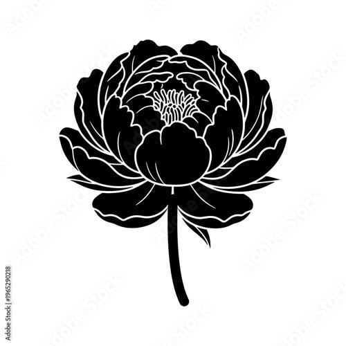 Peony flower silhouette vector, Minimalist peony bud silhouette icon, Peony flowers and leaves silhouette