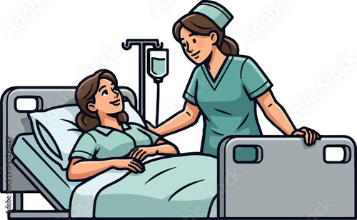 Caring nurse attending to patient in hospital bed with IV drip