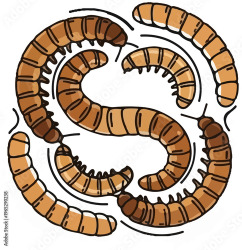Stylized depiction of segmented brown larvae forming a circular pattern