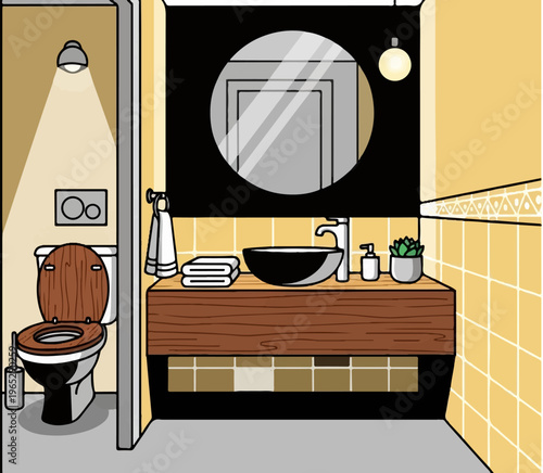Cartoon bathroom with wooden toilet seat, sink, and tiled walls