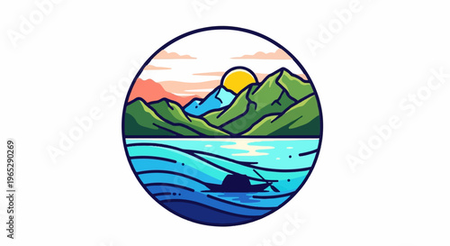 Stylized circular landscape with a serene boat journey at sunrise
