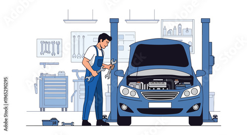 auto mechanic inspecting car engine in repair garage with tools, vehicle maintenance and automotive service concept in clean modern vector illustration style