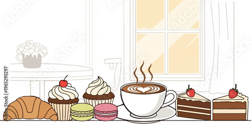 A sweet spread of treats, including cupcakes, macarons, croissants, cake slices, and coffee