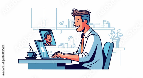 Cheerful man on video call, working on laptop with coffee