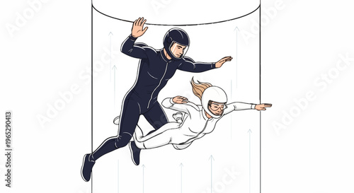 Two people in flight suits floating inside a wind tunnel