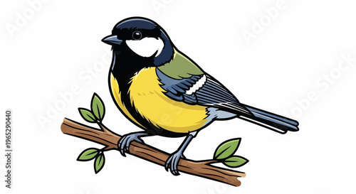 Cartoon of a titmouse perched on a leafy branch