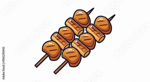 Cartoon grilled skewers with meat and cylindrical pieces on sticks