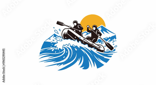 Two people in a raft navigate rough river rapids with a mountain backdrop