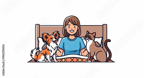 A smiling person sits in bed with a dog and a cat