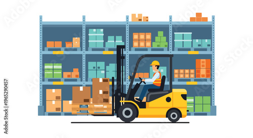 forklift operator moving pallets in large warehouse storage facility, logistics transportation and inventory handling concept in clean minimal vector style