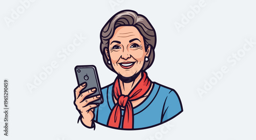 Cheerful senior woman with short gray hair, red scarf, and blue top holding phone