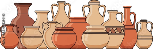 Collection of ancient clay vessels with varied shapes, handles, and decorative elements
