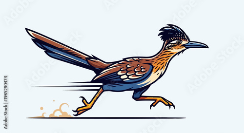 Stylized roadrunner bird running swiftly with dust clouds