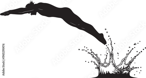 Diving, swimming, diver silhouette, water splash, black vector graphics
