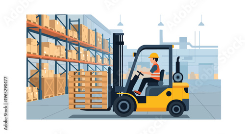 forklift operator moving pallets in large warehouse storage facility, logistics transportation and inventory handling concept in clean minimal vector style