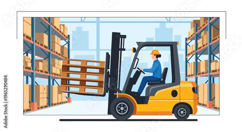 forklift operator moving pallets in large warehouse storage facility, logistics transportation and inventory handling concept in clean minimal vector style