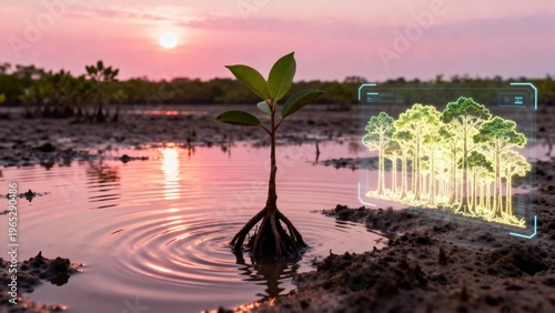Creative mangrove, wetland, ecosystem, digital, technology composition featuring dramatic contrast, clean aesthetic, detailed textures, perfect for banner design, branding visuals, marketing campaigns