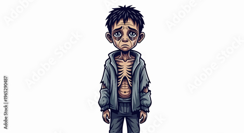 A sad, emaciated child with visible ribs, wearing torn clothes