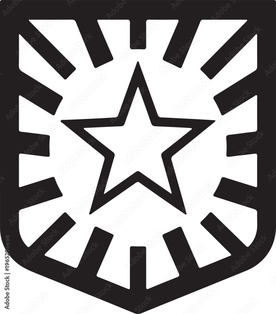 Obraz premium Black star shield icon, starburst emblem, vector graphic, shield logo