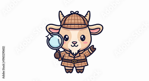 Cute cartoon goat dressed as a detective with magnifying glass