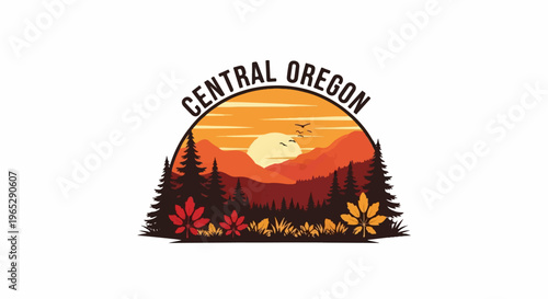 Sunset over mountainous forest with trees and birds in the foreground