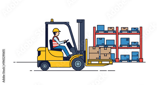 forklift operator moving pallets in large warehouse storage facility, logistics transportation and inventory handling concept in clean minimal vector style