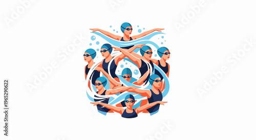 Synchronized swimmers in blue caps and goggles perform a water ballet routine