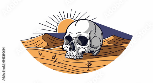 A human skull rests in a desolate desert landscape under a setting sun