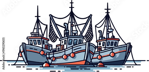 Three fishing trawlers in a harbor with nets deployed