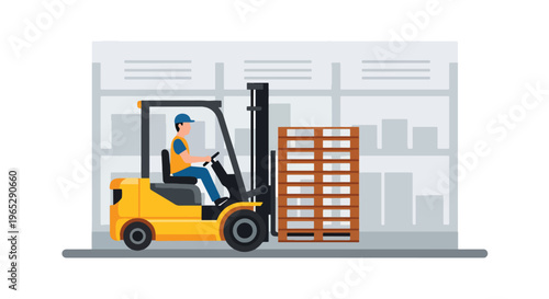 forklift operator moving pallets in large warehouse storage facility, logistics transportation and inventory handling concept in clean minimal vector style