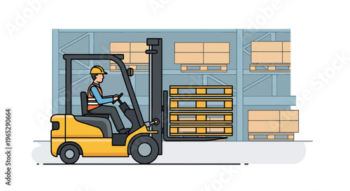 forklift operator moving pallets in large warehouse storage facility, logistics transportation and inventory handling concept in clean minimal vector style