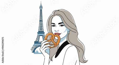 Woman enjoying a pretzel with the Eiffel Tower in the background