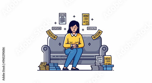 Woman overwhelmed by bills and eviction notices, sitting sadly on a couch