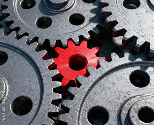 Modern red gear, industrial gear, opposite direction, mechanical, unique concept in minimal aesthetic, visually rich composition, natural lighting, ideal for advertising, digital content, commercial d
