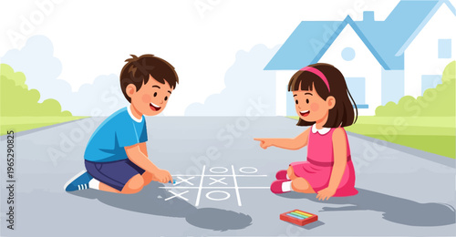 Two smiling children play tic-tac-toe on a paved driveway in front of houses