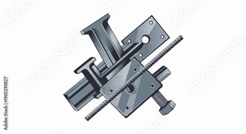 A collection of steel construction components including I-beams, plates, and fasteners