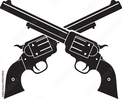 Crossed revolver pistols, black guns, weapon icons, firearm illustrations, handgun silhouettes