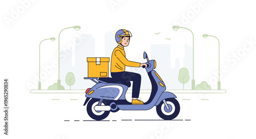 delivery courier riding electric bike carrying package in urban street, eco friendly last mile delivery and e-commerce logistics concept in modern vector style