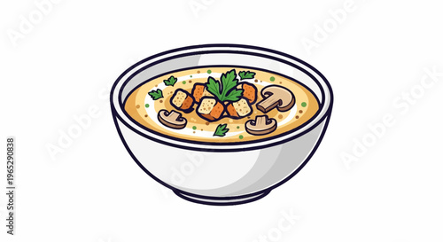 A close-up illustration of a bowl of creamy mushroom and crouton soup